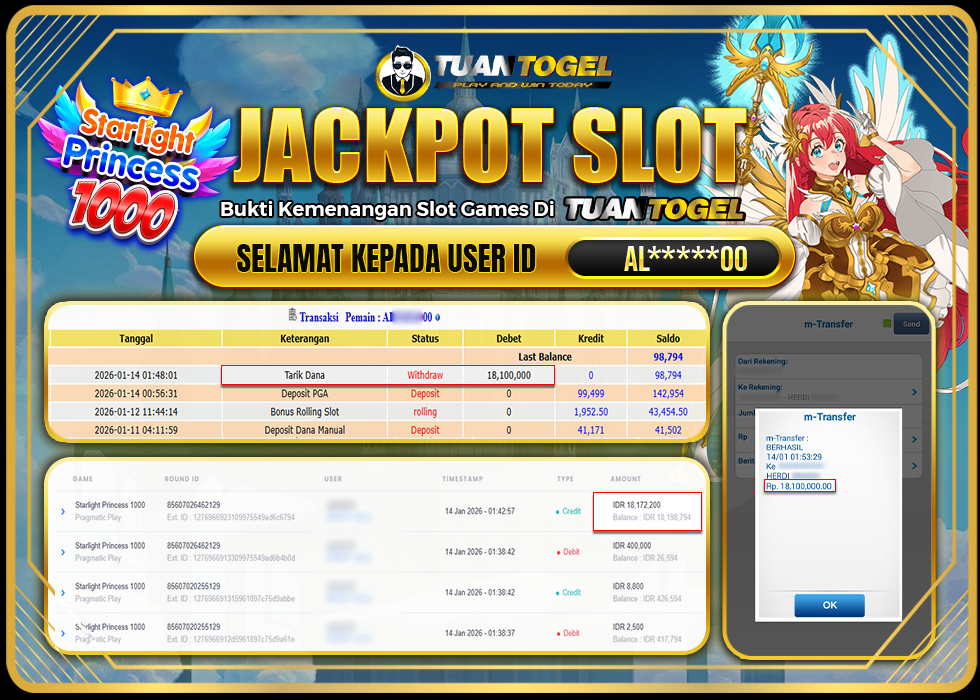 TUANTOGEL JACKPOT SLOT STARLIGHT PRINCESS 1000 Rp18.100.000,- LUNAS